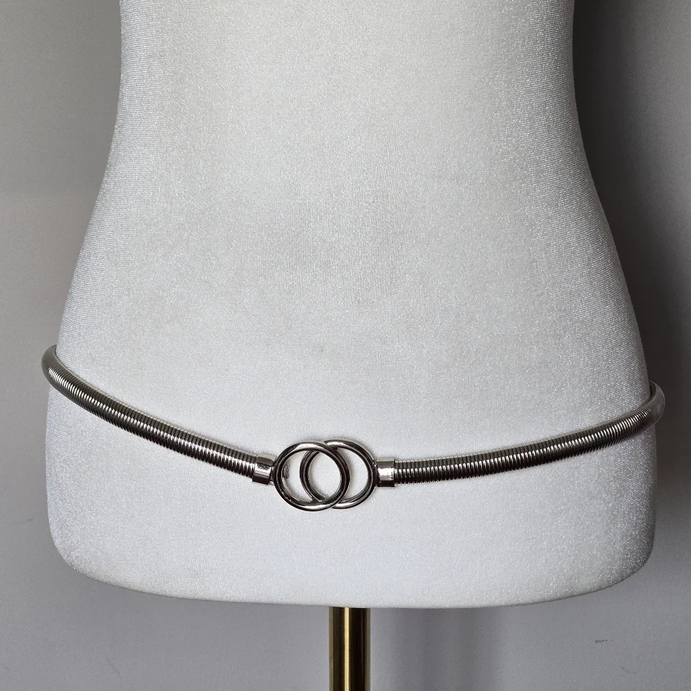 Silver Stretchy Coil Metal Snake Chain Belt with Double Ring Buckle
